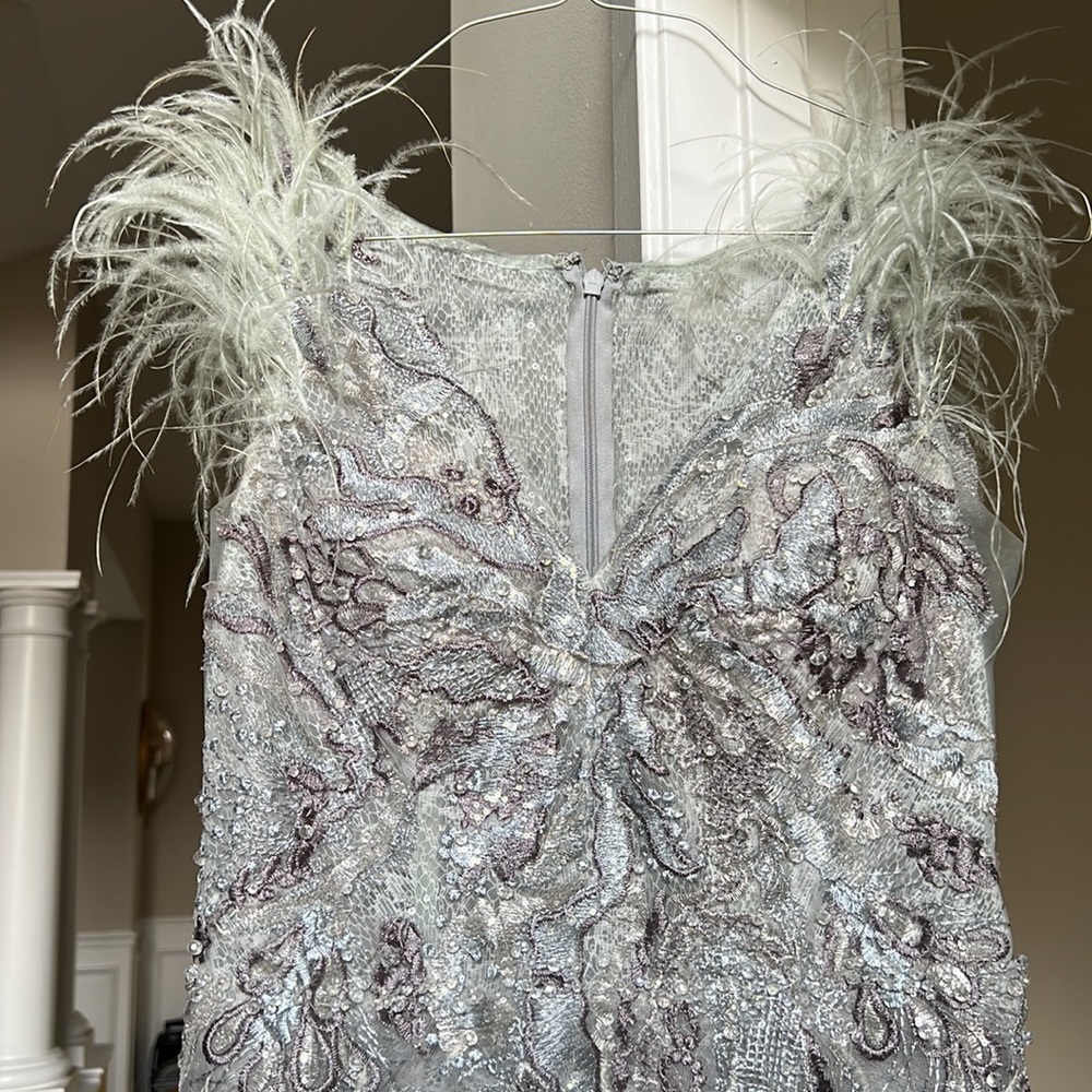 Mac Duggal feather v-neck A line gown
